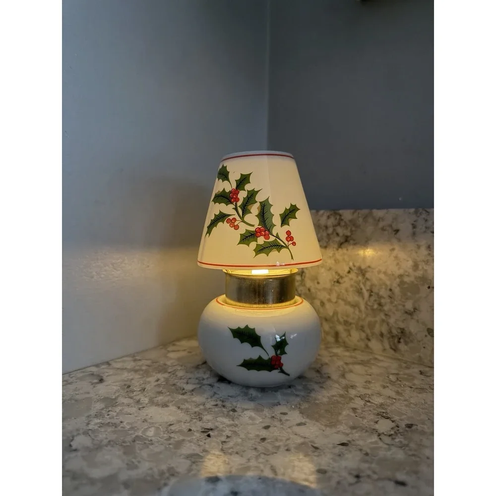 Vintage Porcelain Holly Christmas Mini Candle Lamp Y-7655 w Box Japan Red Green